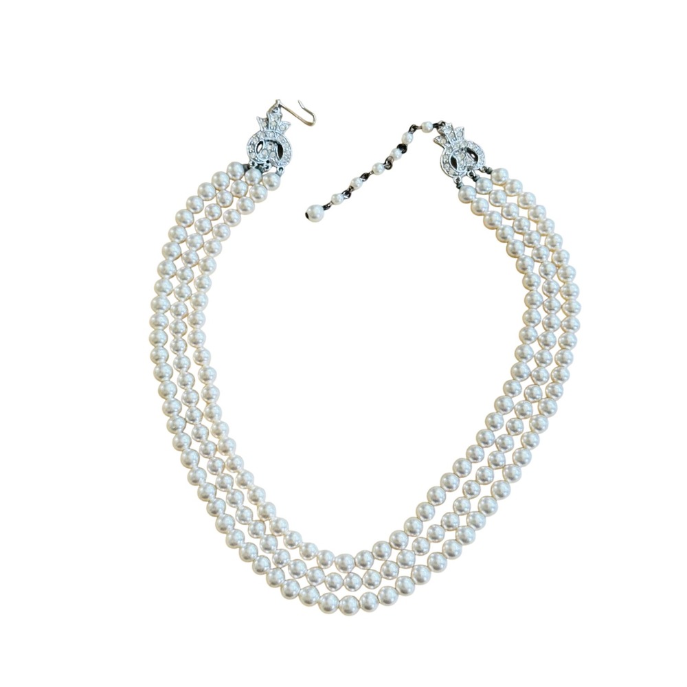 Laguna Pearl Rhinestone Necklace VTG Triple Strand Collar Bib Bridal 1950s 16"